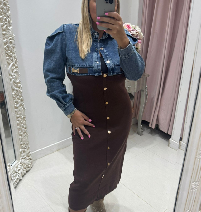 Phoebe ~ Denim & Knitted Midi Dress ~ Dark Brown