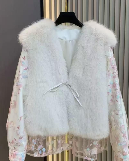Katrina ~ White Faux Fur Jacket  With Embroidered Sequin Sleeves