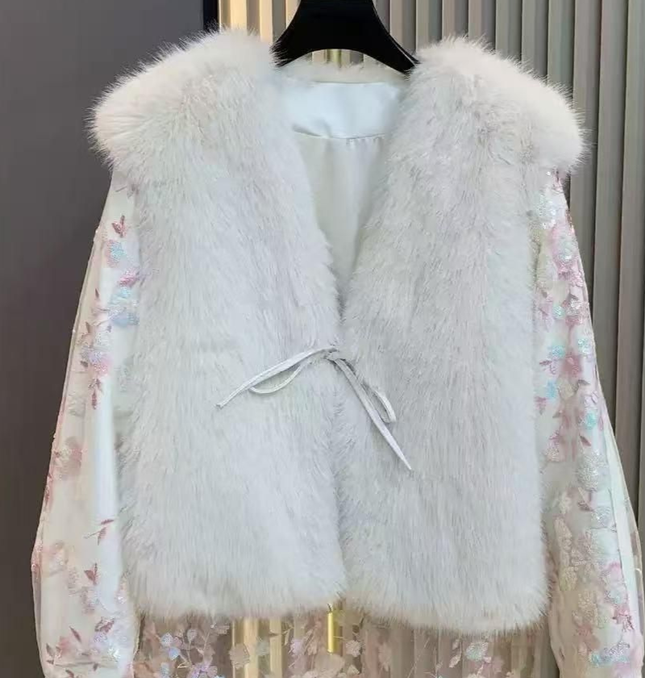 Katrina ~ White Faux Fur Jacket  With Embroidered Sequin Sleeves