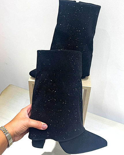 Black Faux Suede Crystal  Ankle Boots