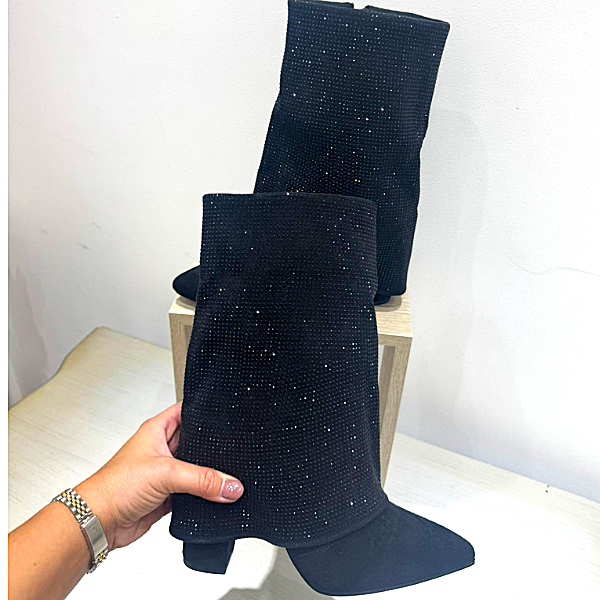 Black Faux Suede Crystal  Ankle Boots