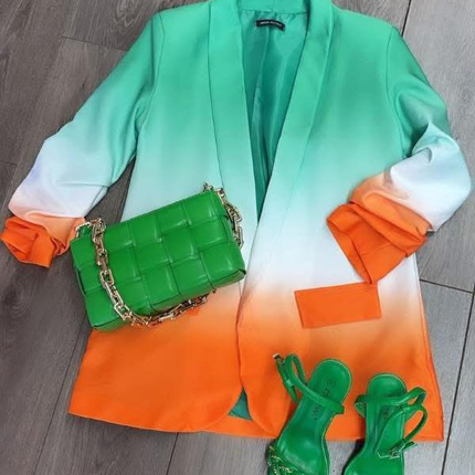 Green and Orange Ombre Ruched Sleeve Open Blazer