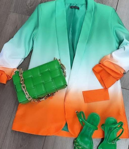 Green and Orange Ombre Ruched Sleeve Open Blazer