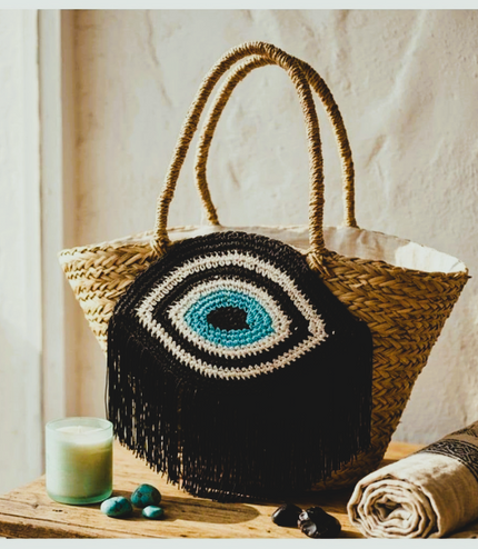 Large Raffia Beach Bag With Large Embroidered Eye Black Fringeing