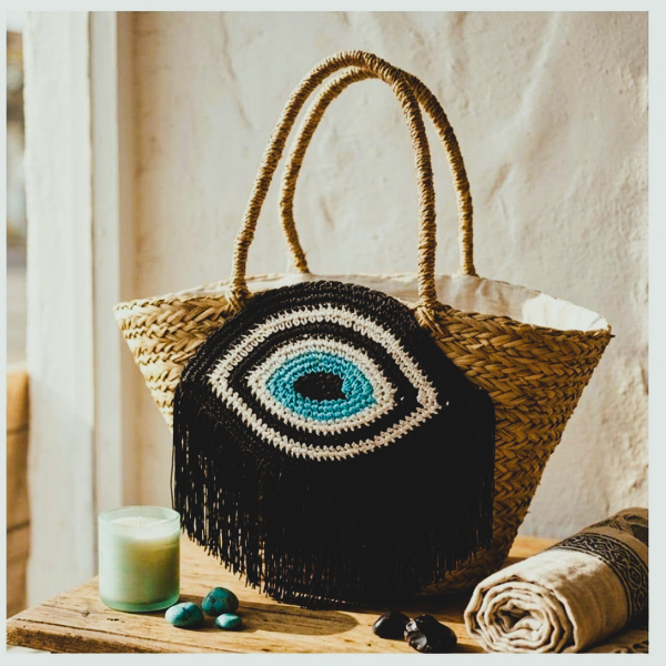 Large Raffia Beach Bag With Large Embroidered Eye Black Fringeing