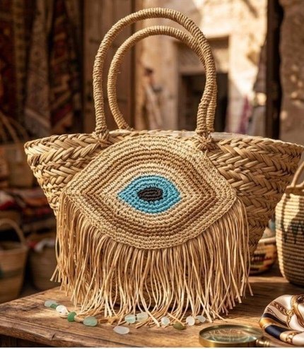 Large Raffia Beach Bag With Large Embroidered Blue Eye & Fringeing