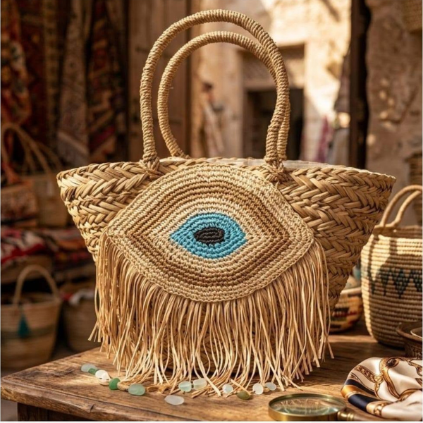 Large Raffia Beach Bag With Large Embroidered Blue Eye & Fringeing
