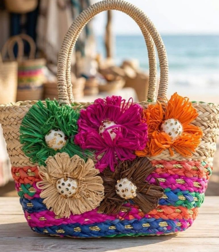 Large Brightly Coloured Raffia Beach Bag