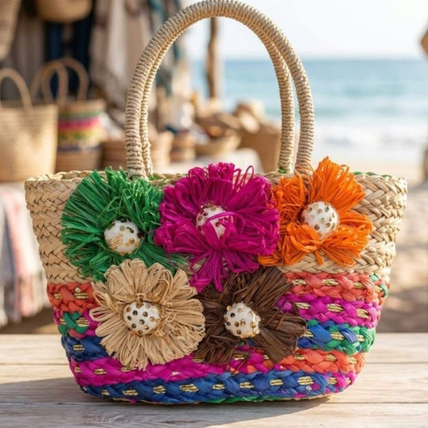 Large Brightly Coloured Raffia Beach Bag