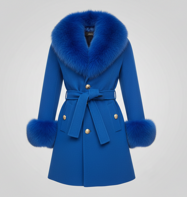 Bright Blue Luxury Fur Cashmere Coat