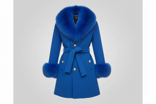 Bright Blue Luxury Fur Cashmere Coat