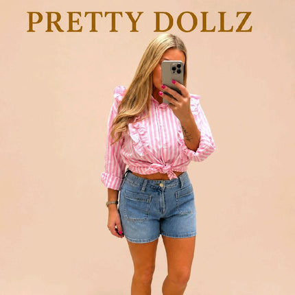 Blue Or Pink White Striped Shirt With Ruffle Trim