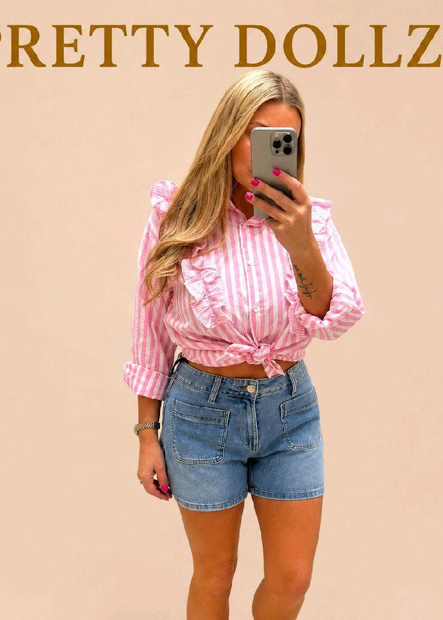 Blue Or Pink White Striped Shirt With Ruffle Trim