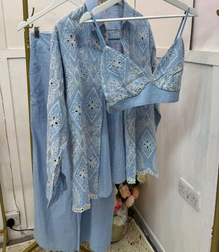 Blue With White Embroidery Bralet, Shirt & Wide Leg Trousers Co-Ord Set