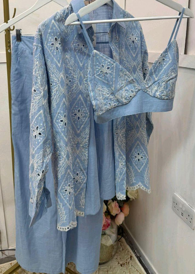 Sian ~ Blue With White Embroidery Bralet, Shirt and Wide Leg Trousers Co-Ord Set
