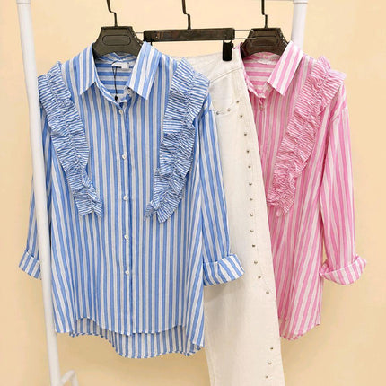 Blue Or Pink White Striped Shirt With Ruffle Trim