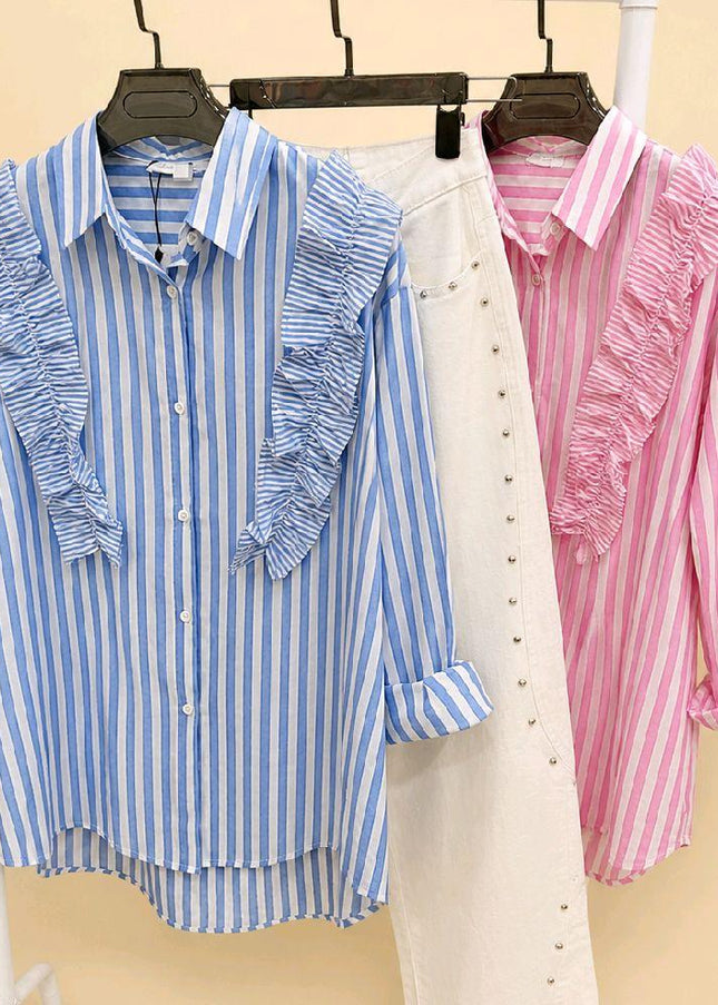 Blue Or Pink White Striped Shirt With Ruffle Trim