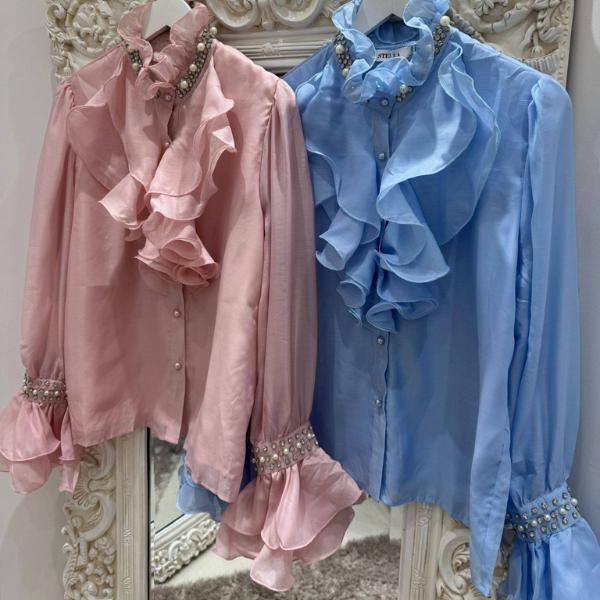 Luisa ~ Frill High Neck Blouse With Pearl & Crystal Embellishments