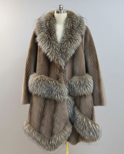 Brown Chevron Faux Fur Coat With Silver Faux Fur Trim ~ Luxury
