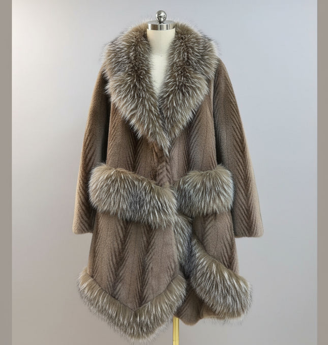 Brown Chevron Faux Fur Coat With Silver Faux Fur Trim ~ Luxury