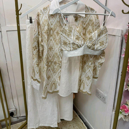 White With Gold Embroidery Bralet, Shirt & Wide Leg Trousers Co-Ord Set