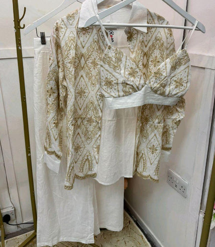 White With Gold Embroidery Bralet, Shirt & Wide Leg Trousers Co-Ord Set