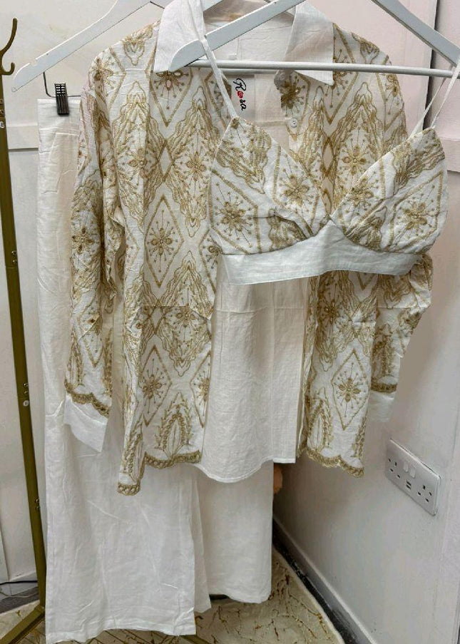 Sophia ~ White With Gold Embroidery Bralet, Shirt and Wide Leg Trousers Co-Ord Set