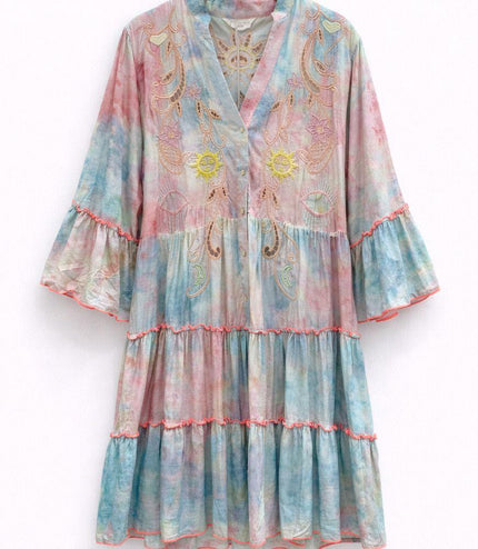 Charlise ~ Boho Pretty Pastel Tiered Smock Dress With Embroidery