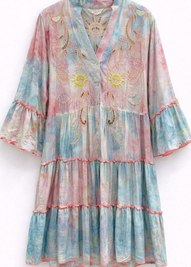 Charlise ~ Boho Pretty Pastel Tiered Smock Dress With Embroidery