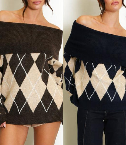 Lena ~ Bardot Argyle Long Sleeve Jumper