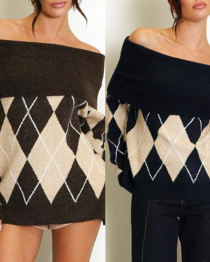 Lena ~ Bardot Off Shoulder Argyle Long Sleeve Jumper