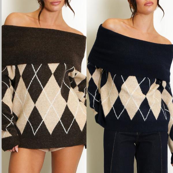 Lena ~ Bardot Off Shoulder Argyle Long Sleeve Jumper
