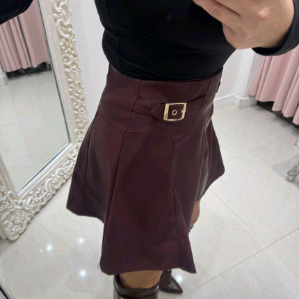 Charlotte ~  Faux Leather Skirt With Gold Buckles