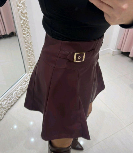 Charlotte ~  Faux Leather Skirt With Gold Buckles