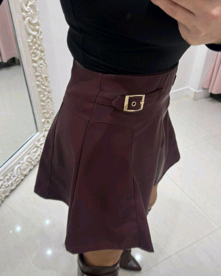 Charlotte ~  Faux Leather Skirt With Gold Buckle Detail