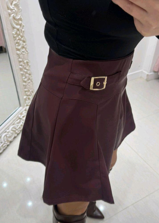 Charlotte ~  Faux Leather Skirt With Gold Buckles