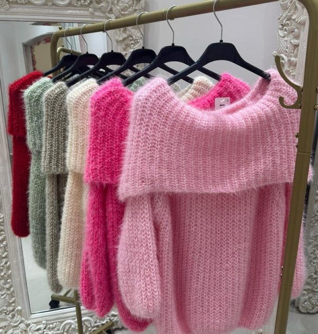 Connie ~ Luxury Knit Bardot Jumper ~ Barbie Pink