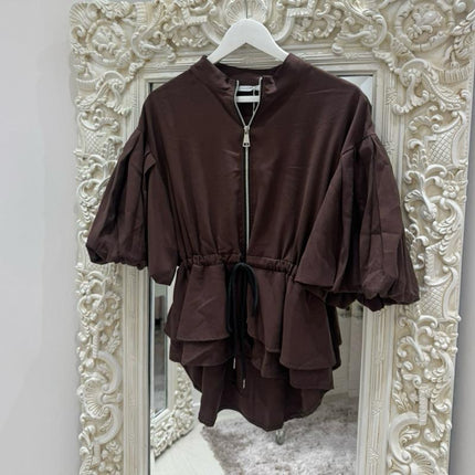 Dark Brown Balloon Sleeve Peplum Jacket