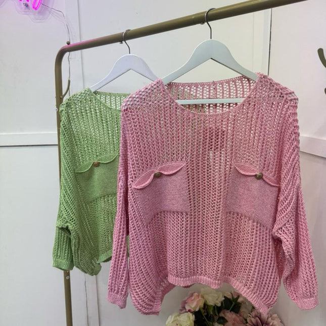 Gabby ~ Open Knit With Gold Thread Sweater Oversized With Pocket Detail