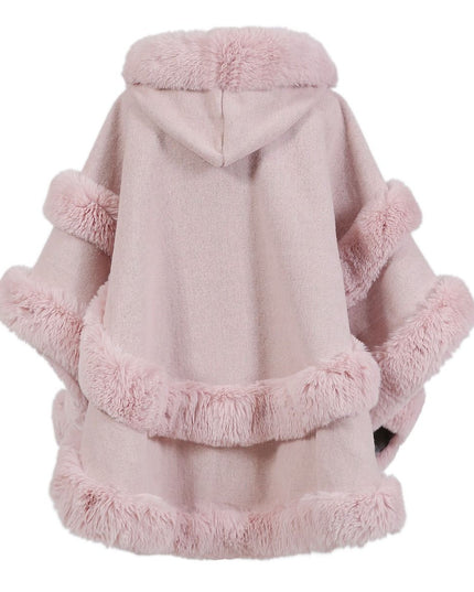 Poncho Cape With Luxury Faux Fur Trimming With Hood ~ Pale Pink