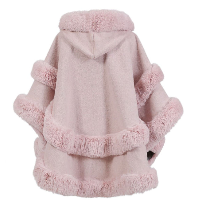 Poncho Cape With Luxury Faux Fur Trimming With Hood ~ Pale Pink