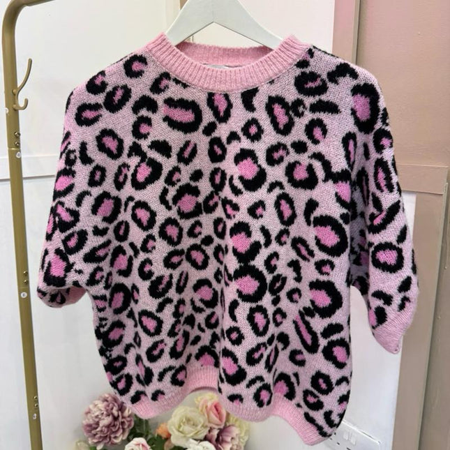 Beau ~ Pink Leopard Print Short Sleeved Soft Knit Jumper