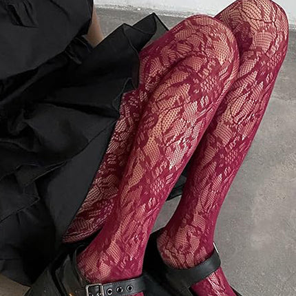 Burgundy Designer Inspired Lace Tights