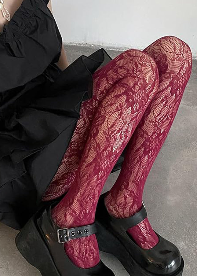 Burgundy Designer Inspired Lace Tights