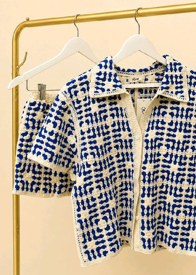 Blue & White Crochet Lace Top Shorts Set