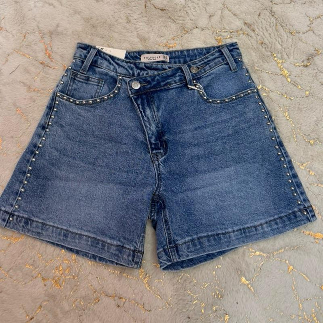 Studded Denim Shorts With Crossover Detail