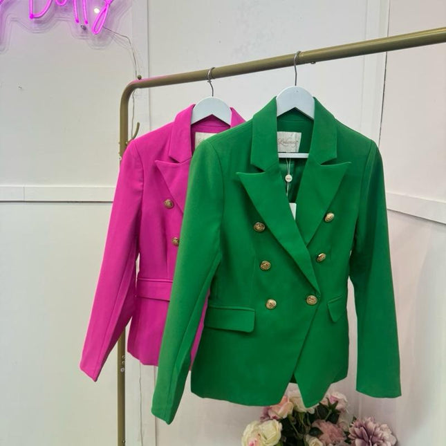 Emerald Green ~ Classic Cut Gold Button Double Breasted Blazer