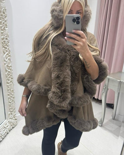 Wynter ~ Brown Faux Fur Double Layered Luxury Cape