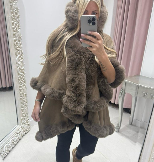 Wynter ~ Brown Faux Fur Double Layered Luxury Cape