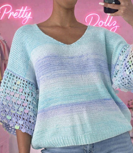Sabrina ~ V Neck Ombre Jumper With Open Knit Embellished Sleeves